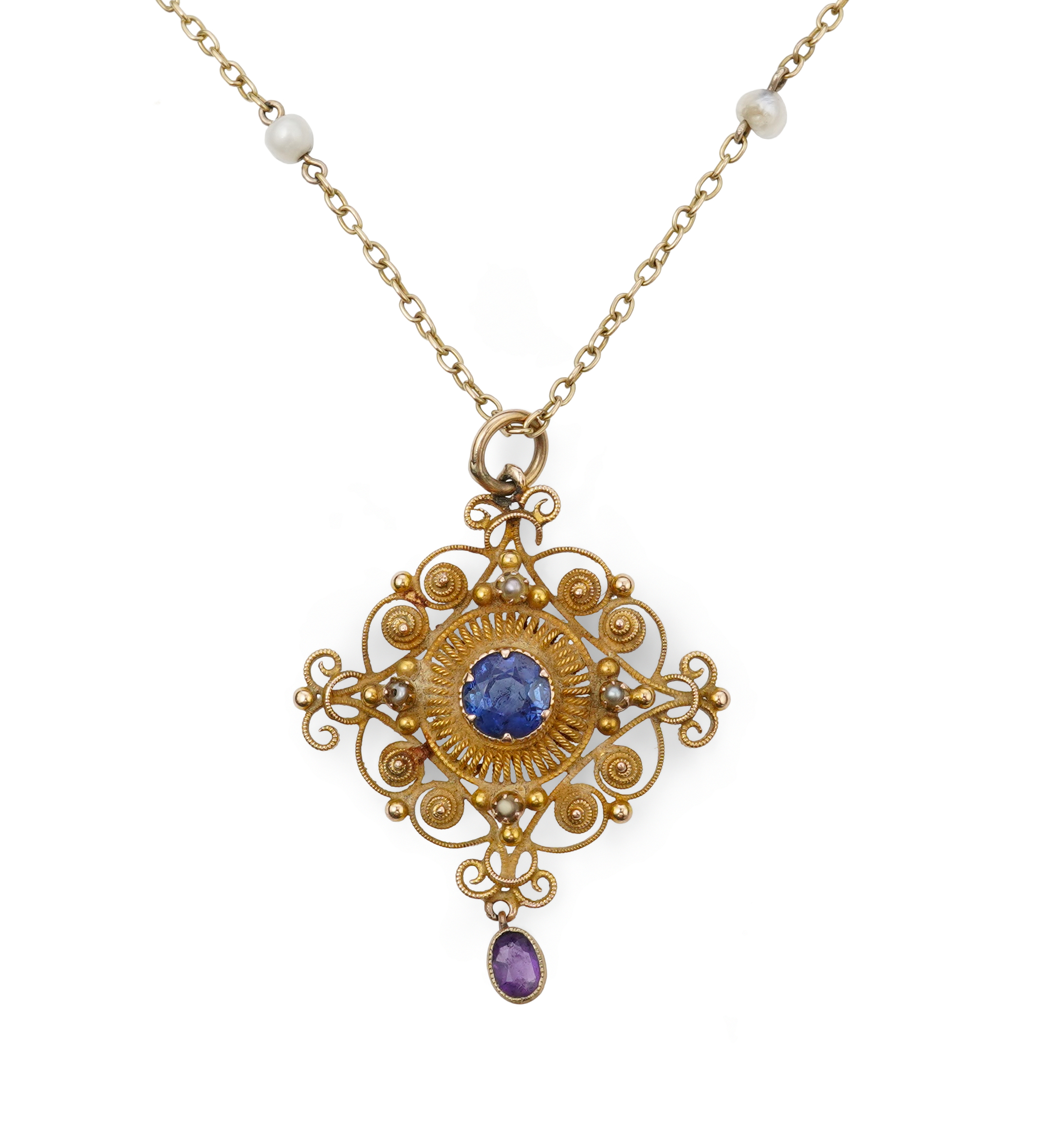 A sapphire, amethyst and pearl pendant necklace, late 19th century